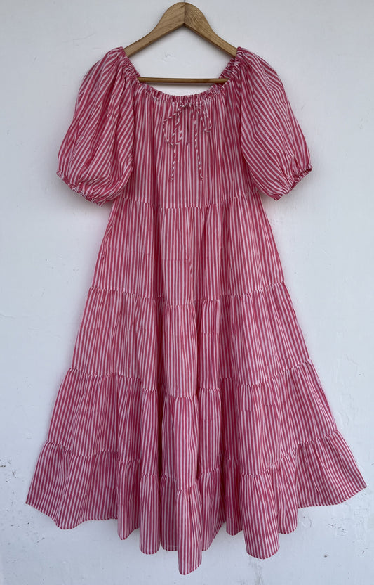 Pink Stripe Cotton Maxi Dress | Boho Summer Tiered Dress | Lightweight Vacation Dress