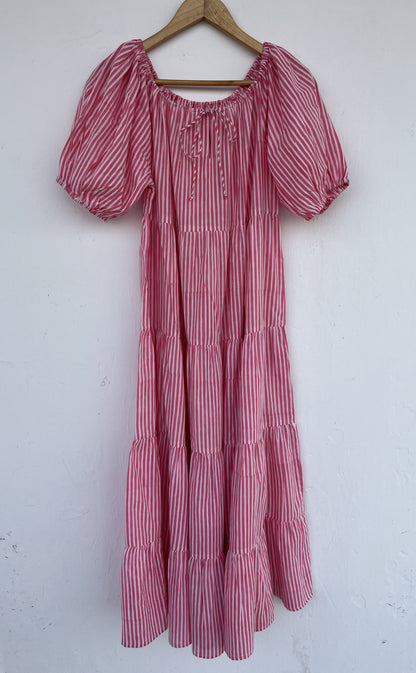 Pink Stripe Cotton Maxi Dress | Boho Summer Tiered Dress | Lightweight Vacation Dress