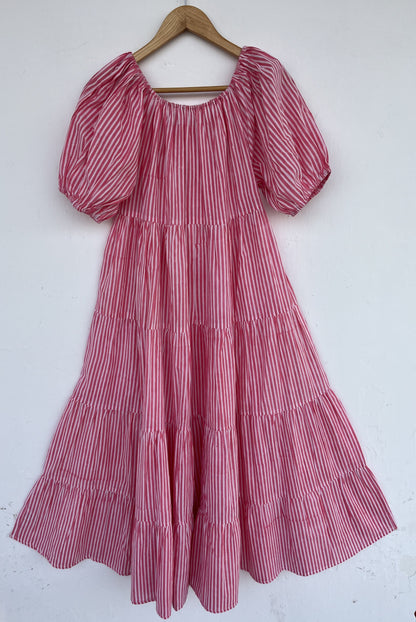 Pink Stripe Cotton Maxi Dress | Boho Summer Tiered Dress | Lightweight Vacation Dress