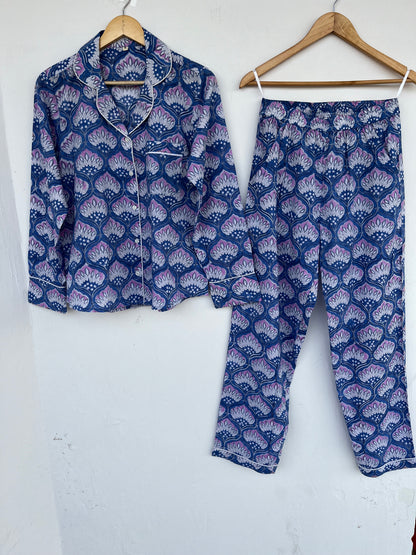 Blue Floral Sleepwear Set | Soft Cotton Night Suit | Button Down Shirt Pants