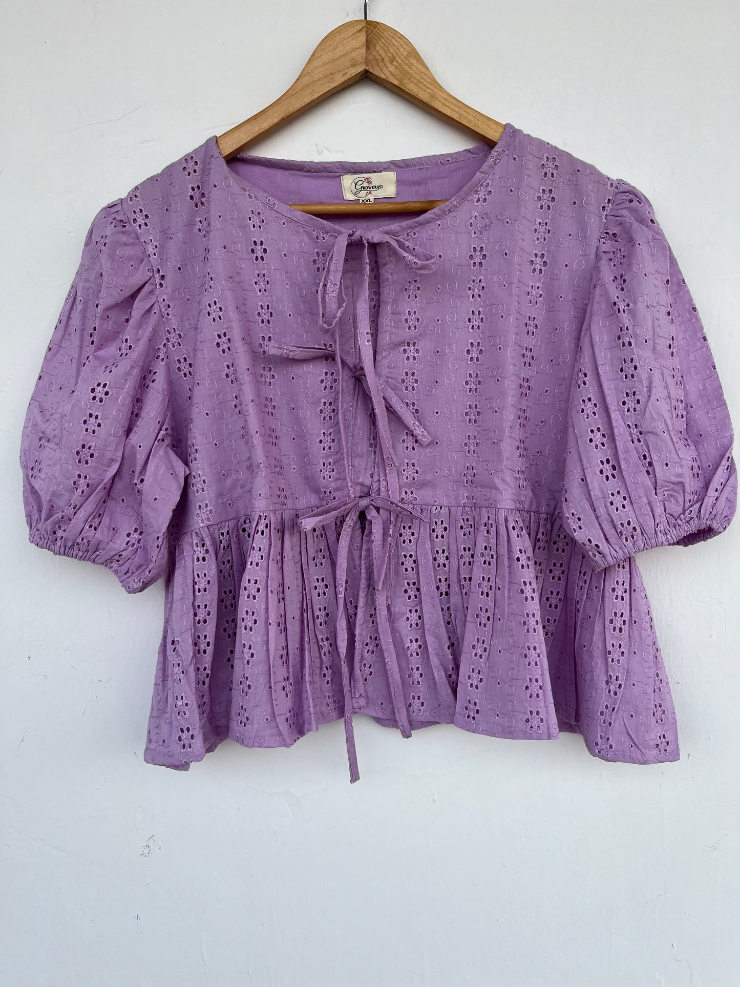 Lavender Cotton Eyelet Top | Boho Summer Blouse | Tie Front Babydoll Top