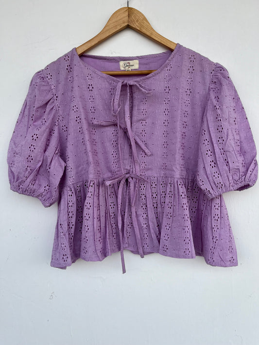 Lavender Cotton Eyelet Top | Boho Summer Blouse | Tie Front Babydoll Top