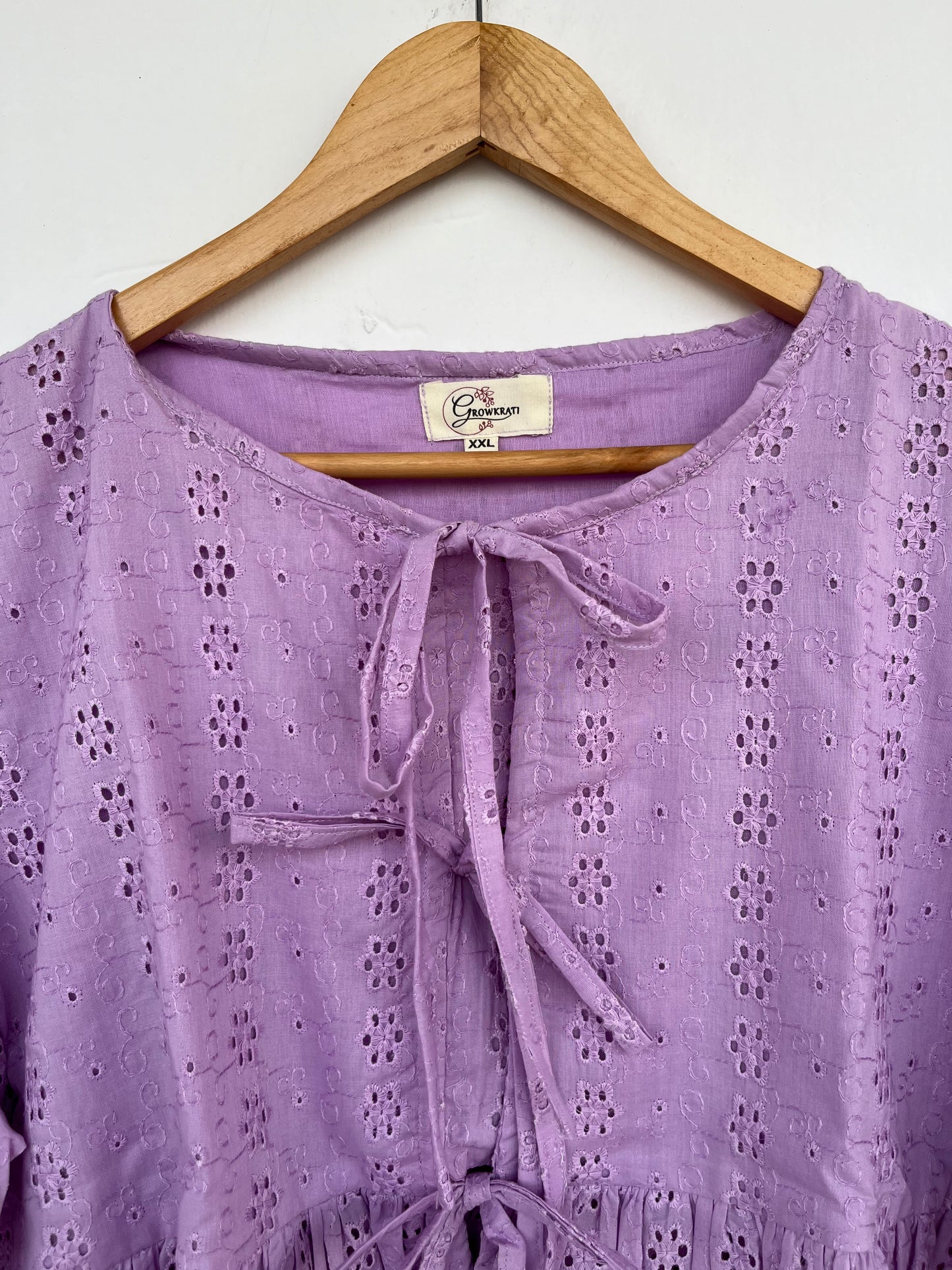 Lavender Cotton Eyelet Top | Boho Summer Blouse | Tie Front Babydoll Top