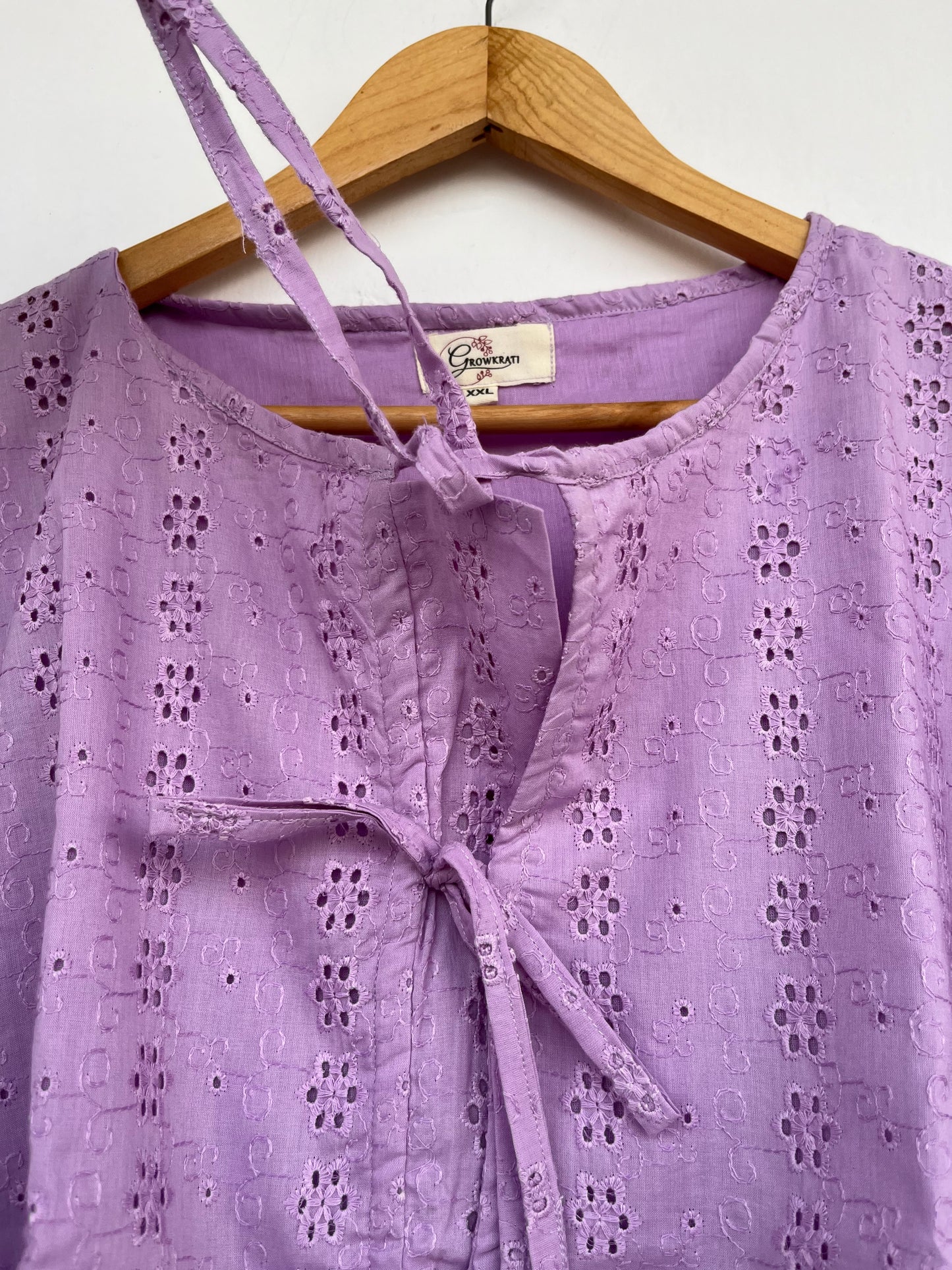 Lavender Cotton Eyelet Top | Boho Summer Blouse | Tie Front Babydoll Top