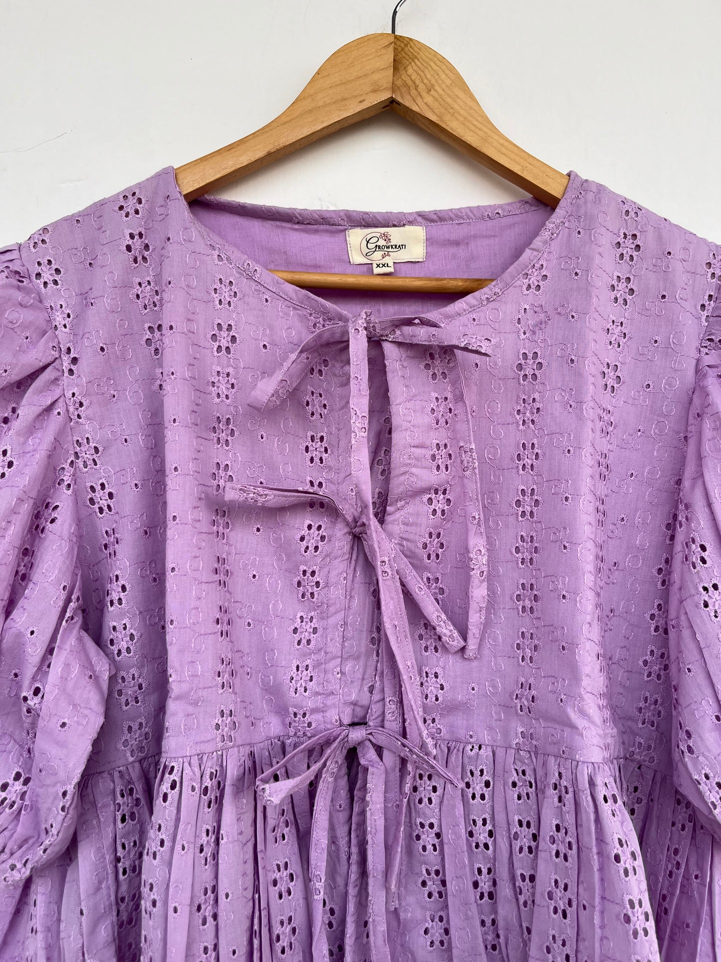 Lavender Cotton Eyelet Top | Boho Summer Blouse | Tie Front Babydoll Top