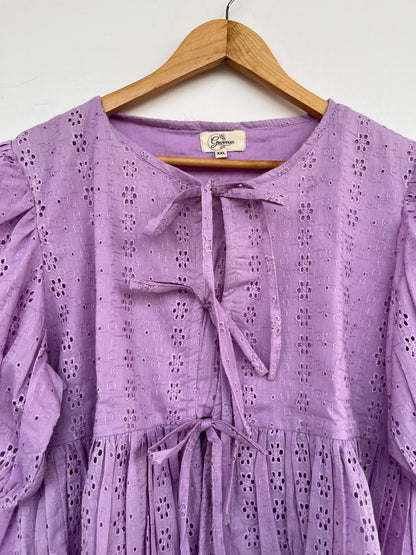Lavender Cotton Eyelet Top | Boho Summer Blouse | Tie Front Babydoll Top