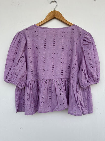 Lavender Cotton Eyelet Top | Boho Summer Blouse | Tie Front Babydoll Top