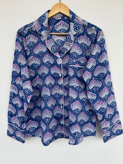 Blue Floral Sleepwear Set | Soft Cotton Night Suit | Button Down Shirt Pants