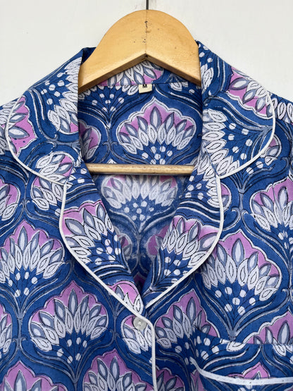 Blue Floral Sleepwear Set | Soft Cotton Night Suit | Button Down Shirt Pants