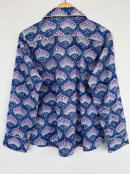 Blue Floral Sleepwear Set | Soft Cotton Night Suit | Button Down Shirt Pants