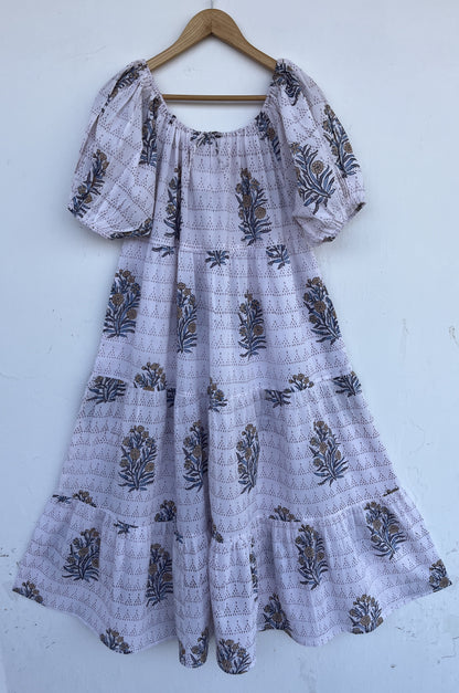 White Floral Short Sleeve Maxi | Loose Fit Long Cotton Dress | Summer Boho Outfit