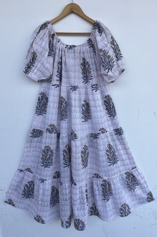 White Floral Short Sleeve Maxi | Loose Fit Long Cotton Dress | Summer Boho Outfit