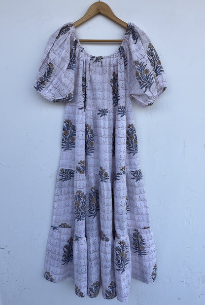 White Floral Short Sleeve Maxi | Loose Fit Long Cotton Dress | Summer Boho Outfit