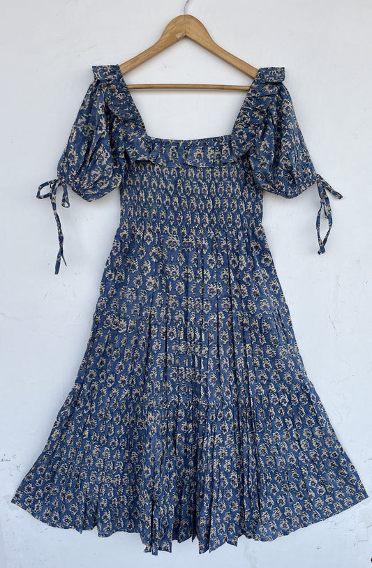 Blue Floral Ruffle Neckline Womens Maxi Dress | Shirred Summer Boho Dress