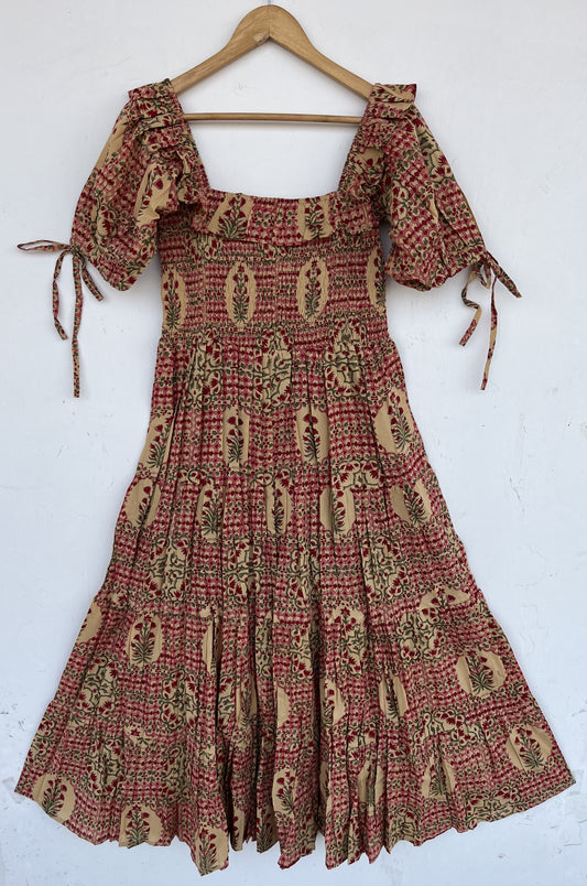 Red Beige Pure Cotton Long Modest Dress | Bohemian Dress Women | Summer Outfit
