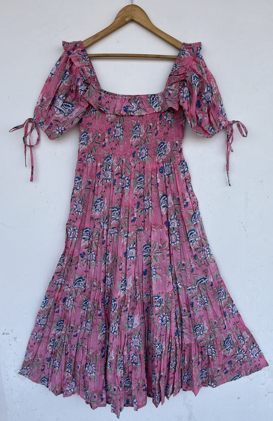 Pink Floral Shirred Summer Dress | Women Long Partywear Dress