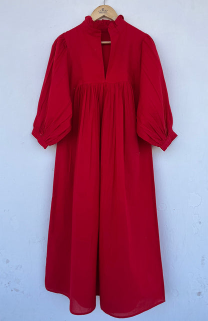 Solid Red Cotton Maxi Long Dress