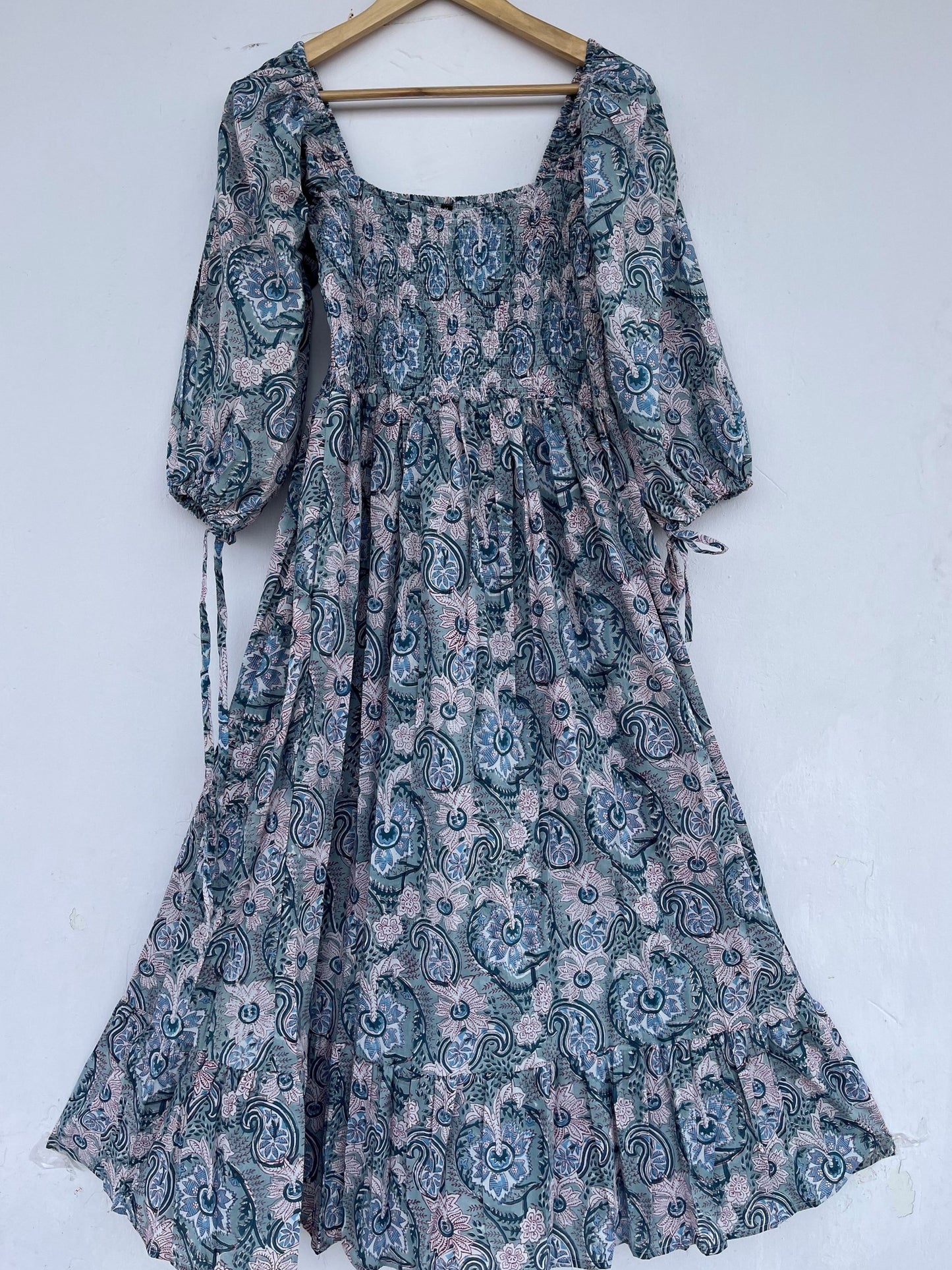 Teal Paisley Smocked Cotton Boho Maxi Summer Dress