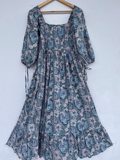 Teal Paisley Smocked Cotton Boho Maxi Summer Dress