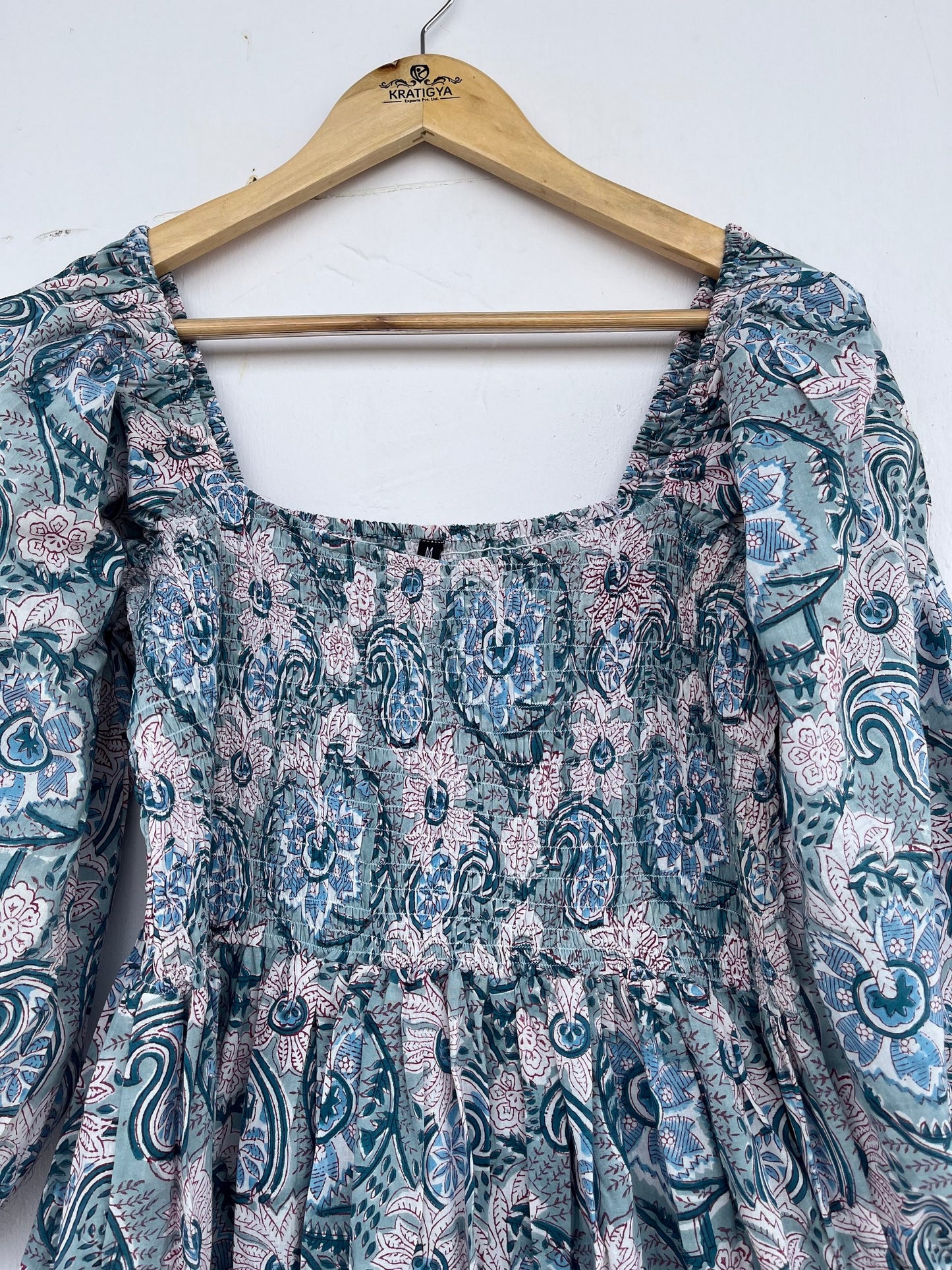 Teal Paisley Smocked Cotton Boho Maxi Summer Dress