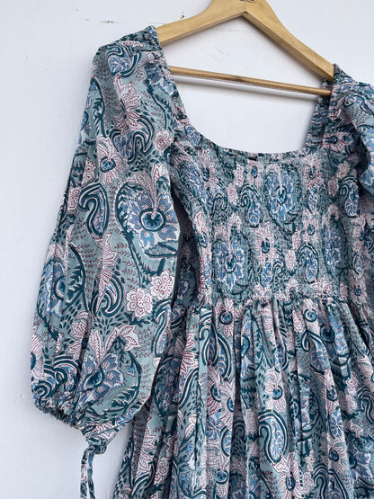 Teal Paisley Smocked Cotton Boho Maxi Summer Dress