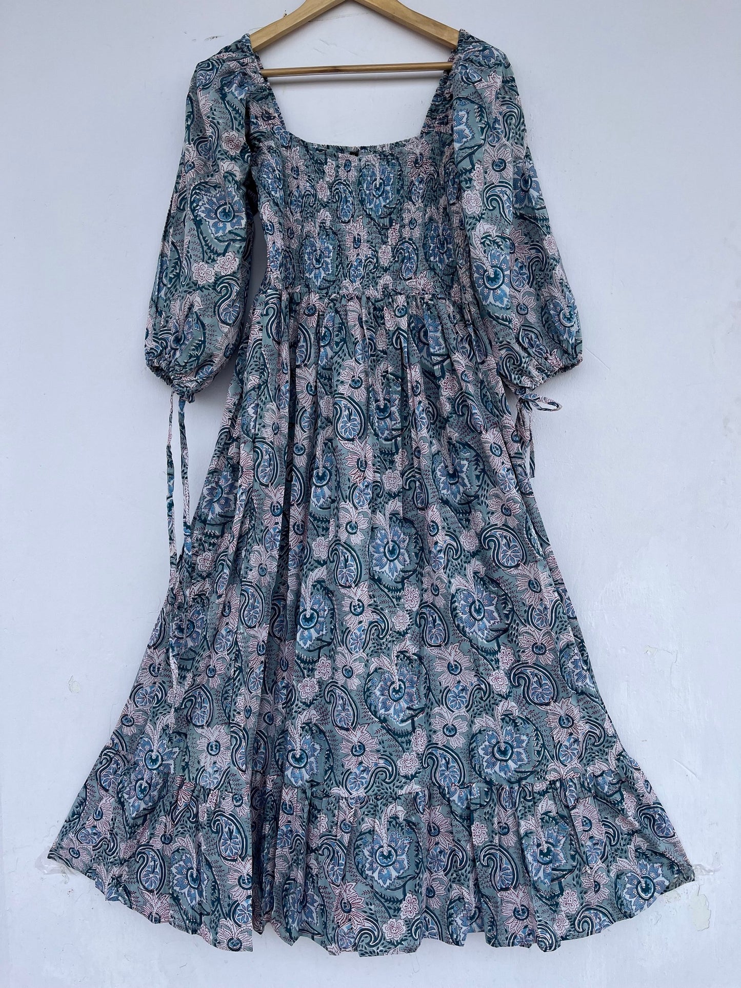 Teal Paisley Smocked Cotton Boho Maxi Summer Dress