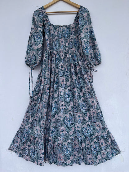 Teal Paisley Smocked Cotton Boho Maxi Summer Dress