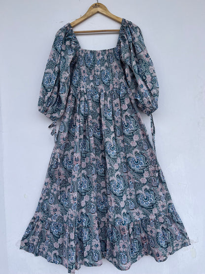 Teal Paisley Smocked Cotton Boho Maxi Summer Dress