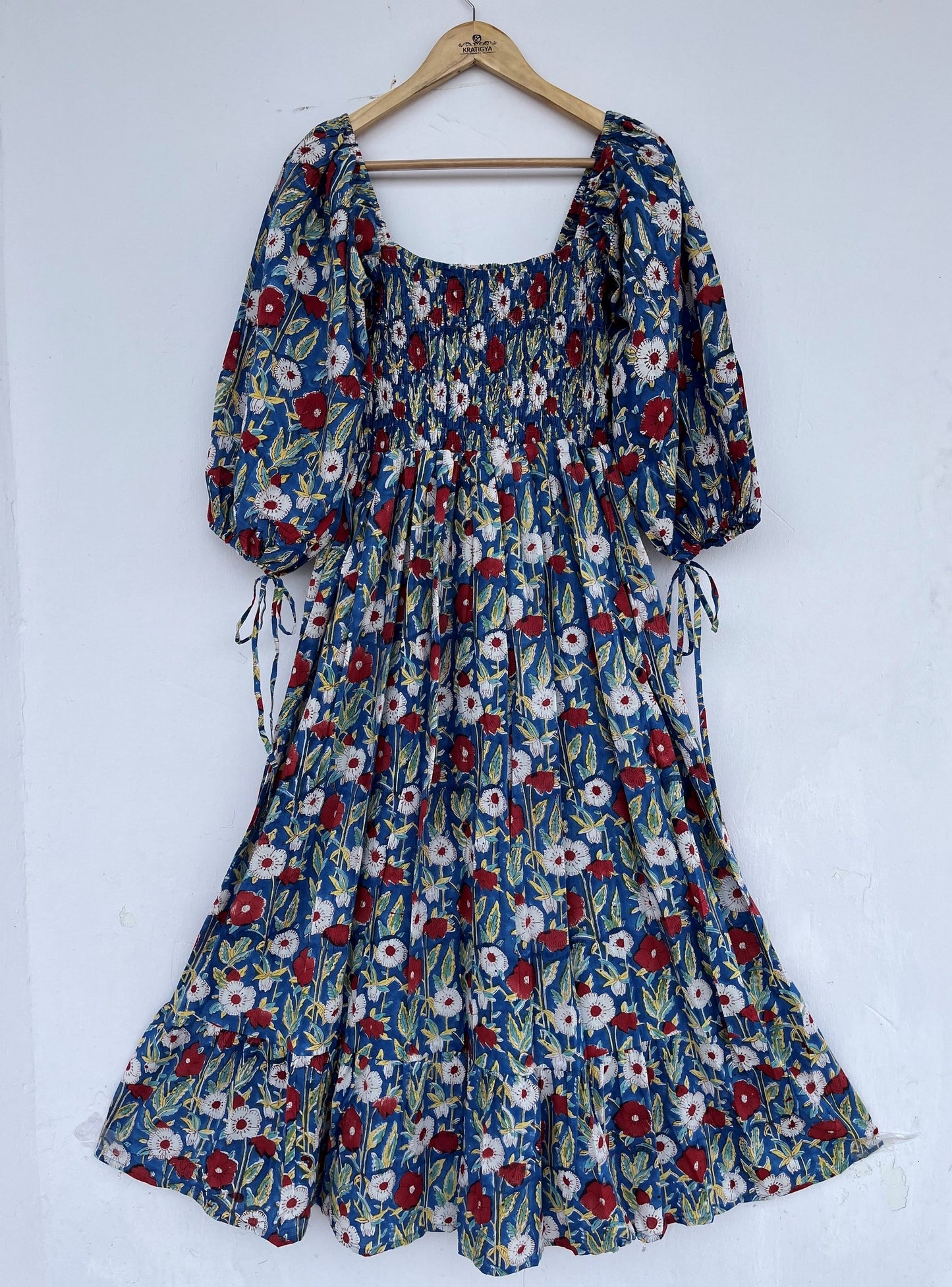 Blue Floral Square Neck Cotton Maxi Summer Dress for Women