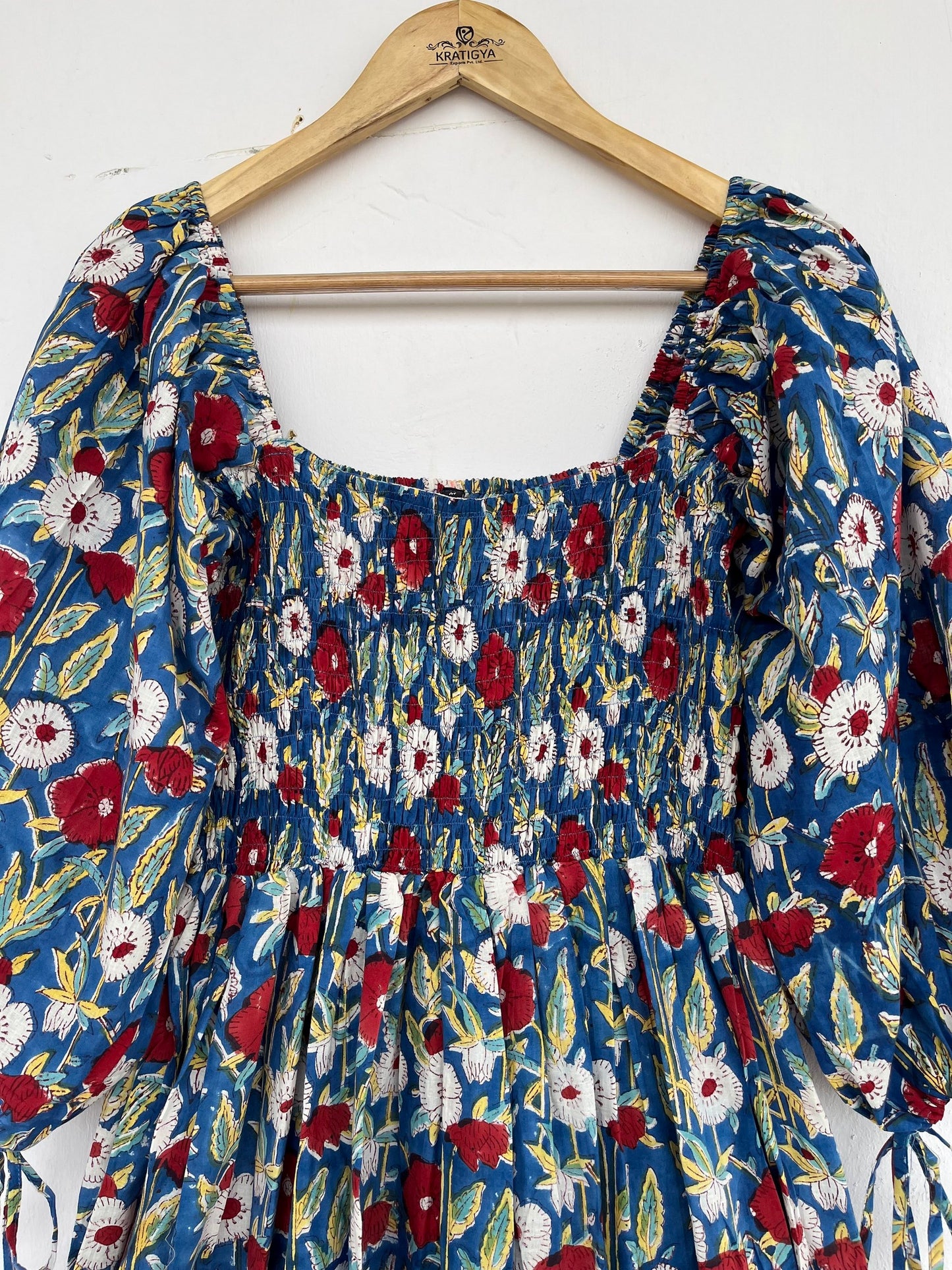 Blue Floral Square Neck Cotton Maxi Summer Dress for Women