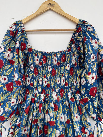 Blue Floral Square Neck Cotton Maxi Summer Dress for Women