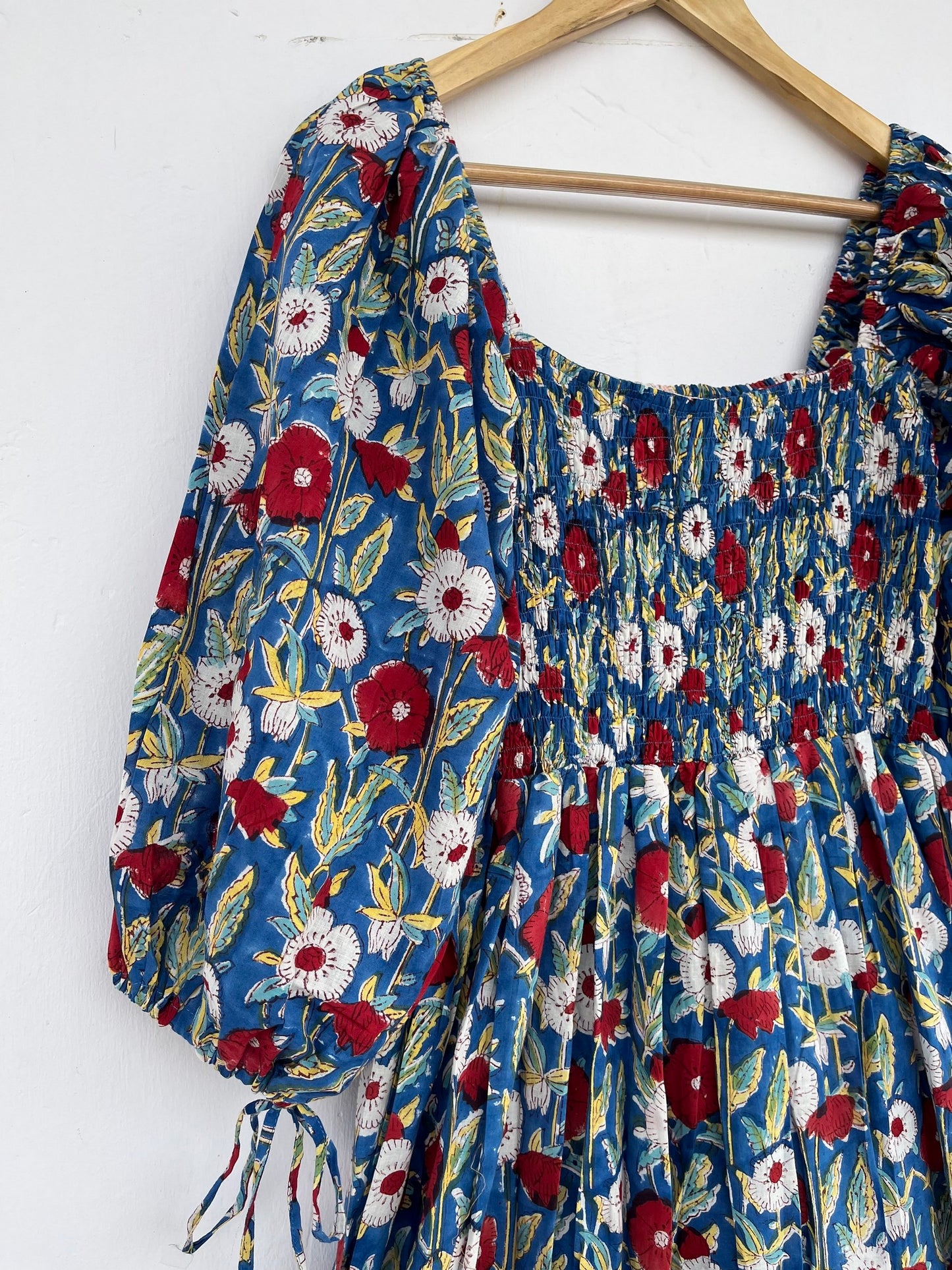 Blue Floral Square Neck Cotton Maxi Summer Dress for Women