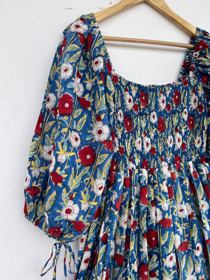 Blue Floral Square Neck Cotton Maxi Summer Dress for Women