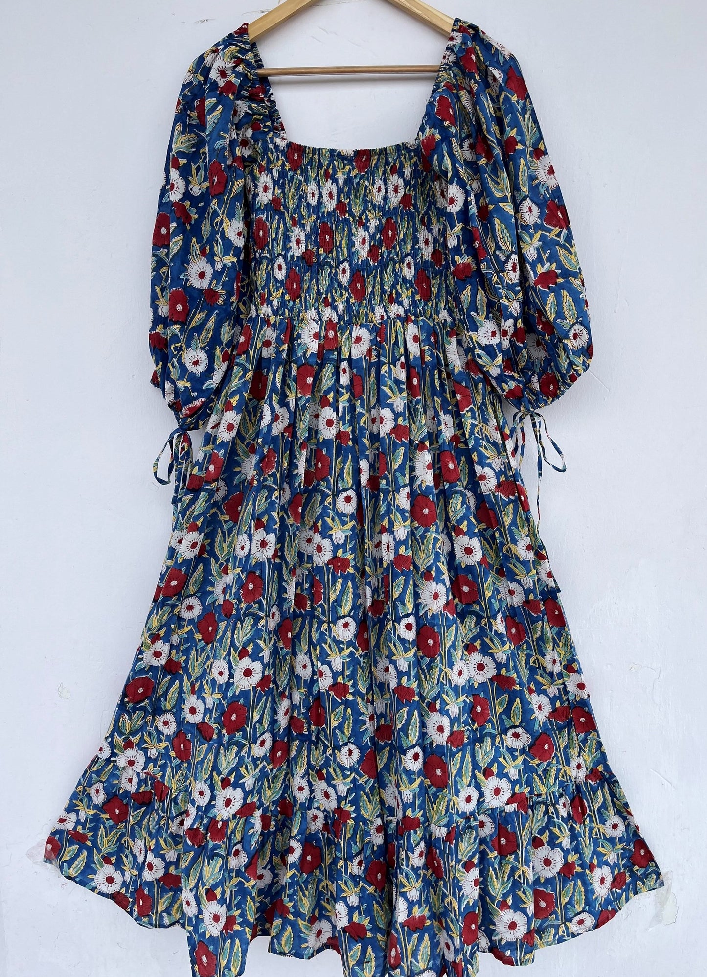 Blue Floral Square Neck Cotton Maxi Summer Dress for Women