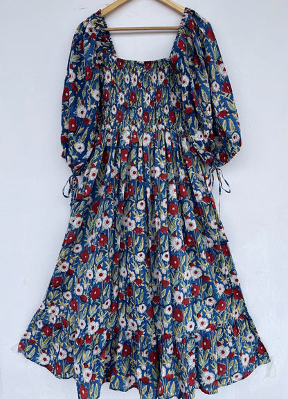 Blue Floral Square Neck Cotton Maxi Summer Dress for Women