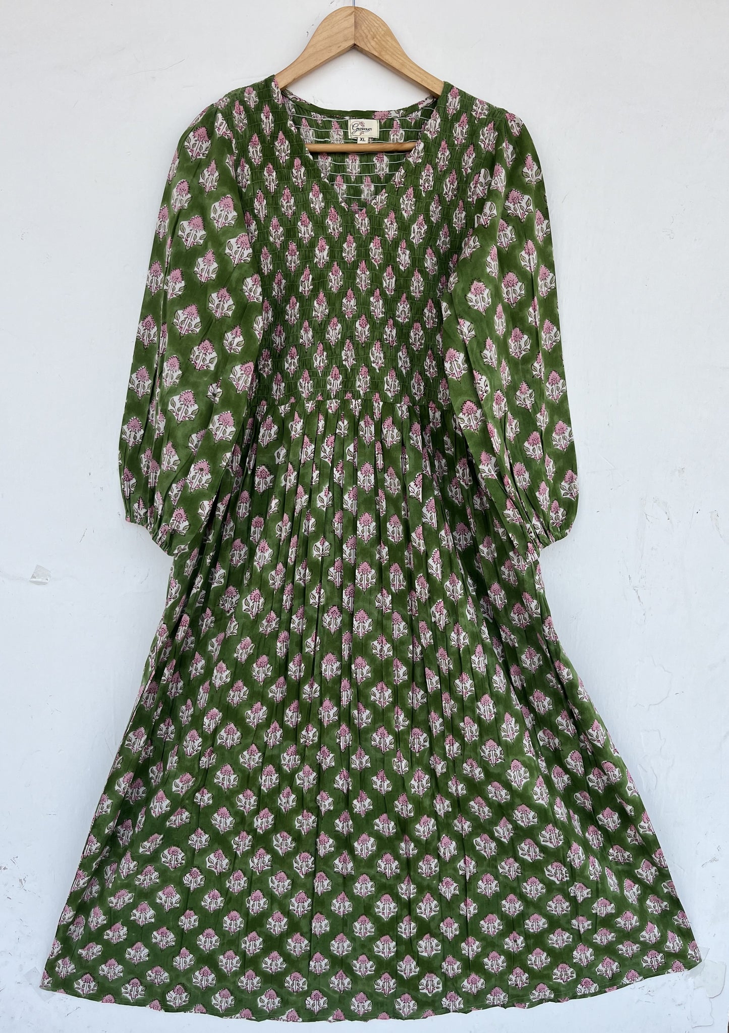 Green Floral Comfy Fit Long Maxi | V Neck Shirred Bodice Summer Dress