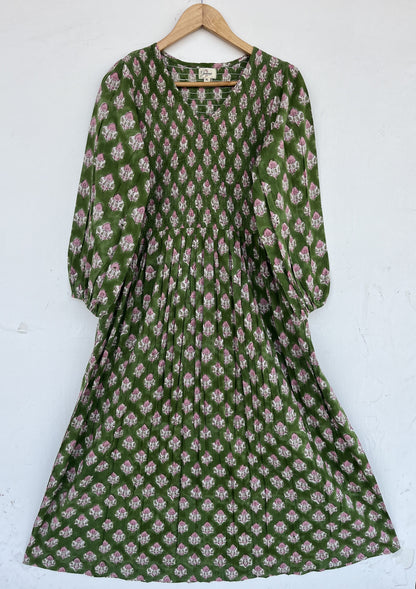 Green Floral Comfy Fit Long Maxi | V Neck Shirred Bodice Summer Dress