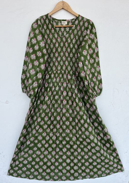 Green Floral Comfy Fit Long Maxi | V Neck Shirred Bodice Summer Dress