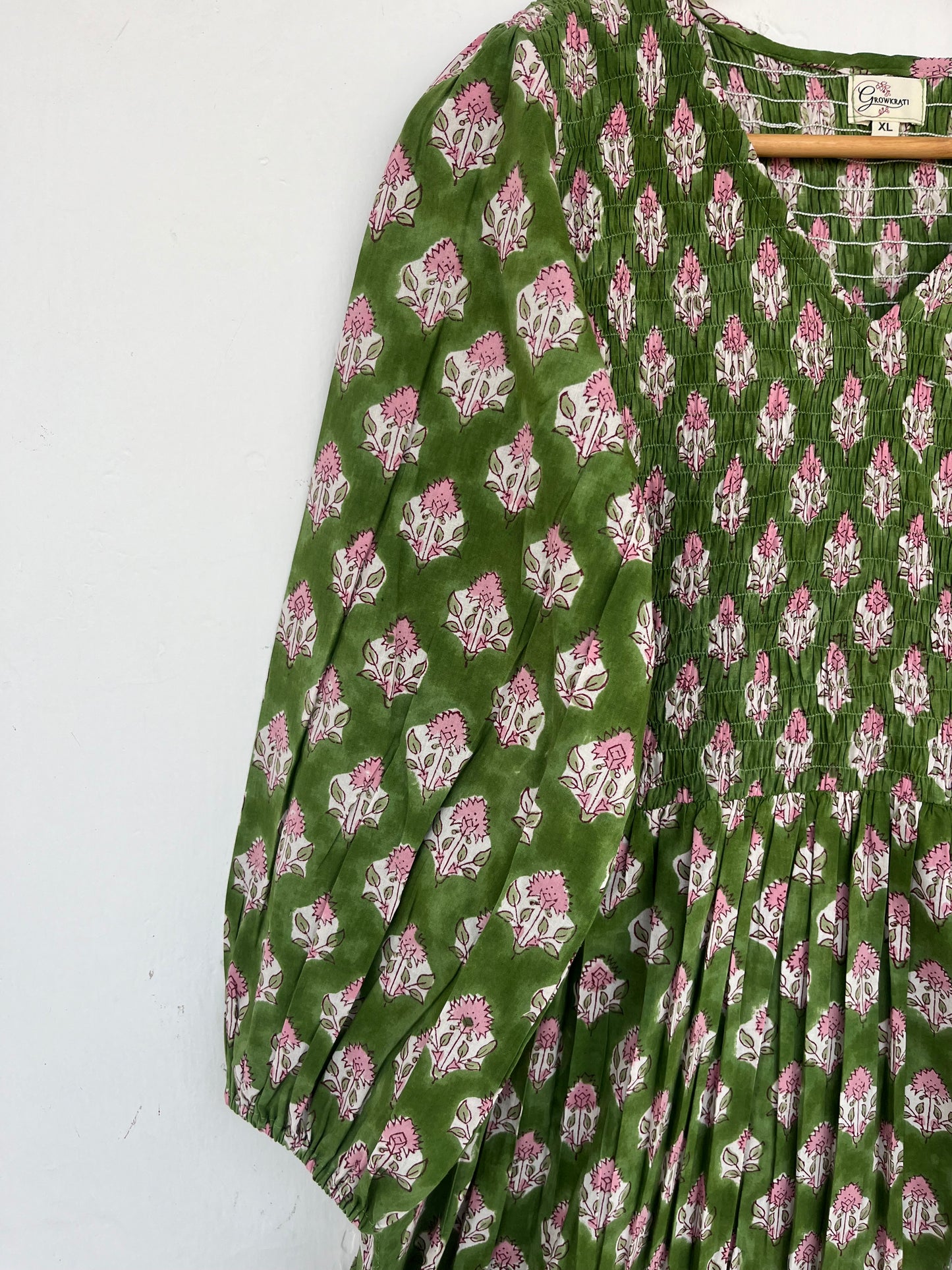 Green Floral Comfy Fit Long Maxi | V Neck Shirred Bodice Summer Dress