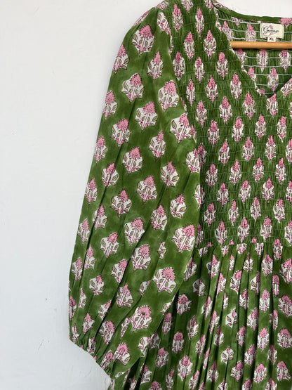 Green Floral Comfy Fit Long Maxi | V Neck Shirred Bodice Summer Dress