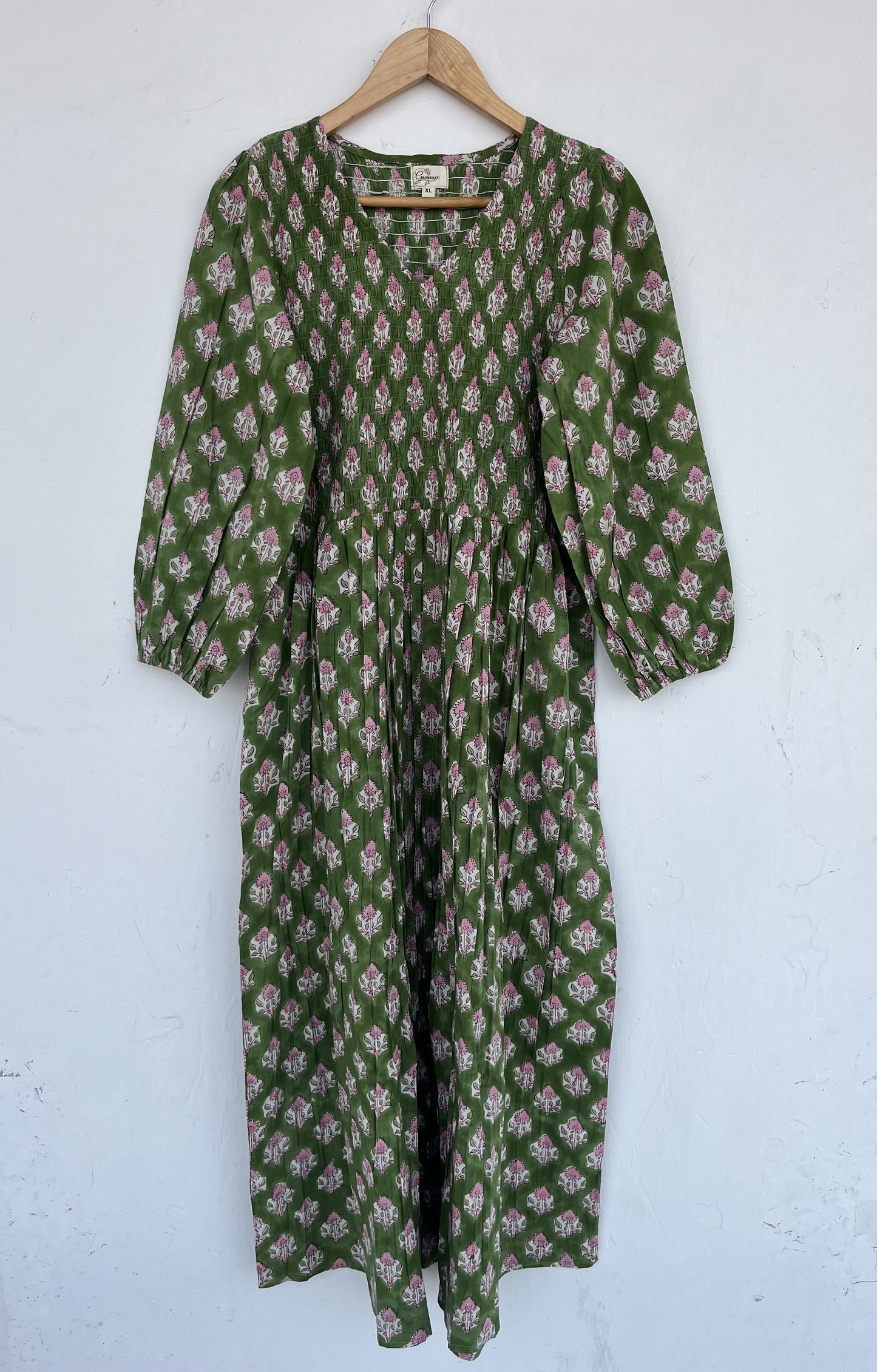 Green Floral Comfy Fit Long Maxi | V Neck Shirred Bodice Summer Dress