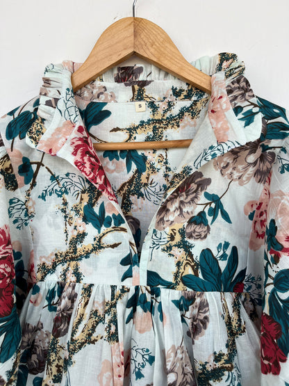 Floral Cotton Babydoll Summer Blouse | Boho Short Sleeve White Top