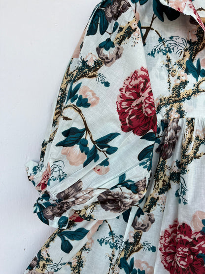 Floral Cotton Babydoll Summer Blouse | Boho Short Sleeve White Top