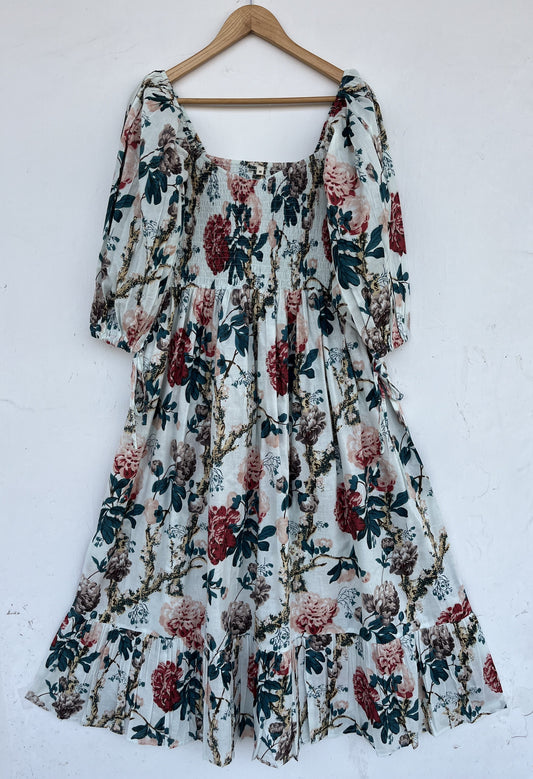 White Elegant Women Long Dress | Retro Style Shirred Dress | Lightweight Resort Wear