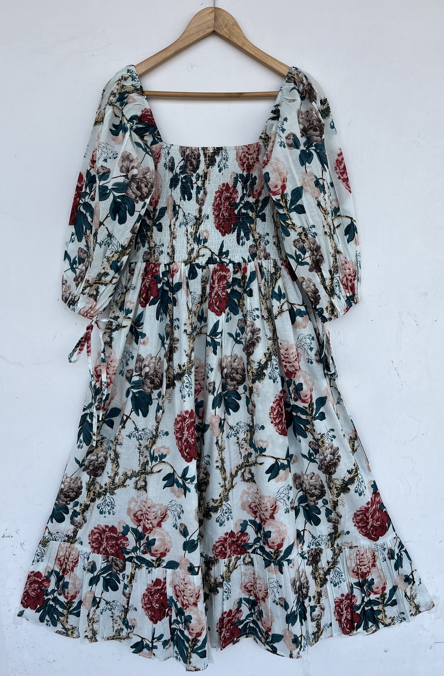 White Elegant Women Long Dress | Retro Style Shirred Dress | Lightweight Resort Wear