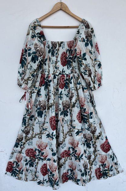 White Elegant Women Long Dress | Retro Style Shirred Dress | Lightweight Resort Wear