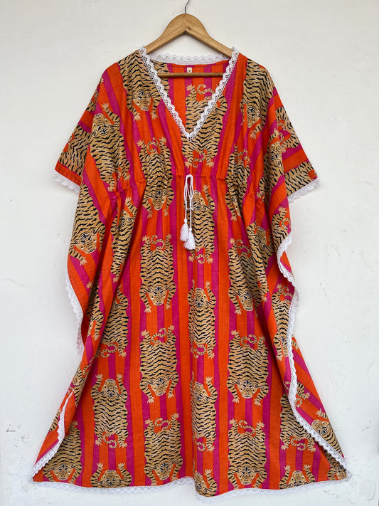 Tiger Print Cotton Kaftan Dress | Boho Beach Cover Up | Resort Wear