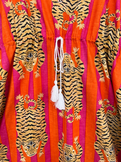 Tiger Print Cotton Kaftan Dress | Boho Beach Cover Up | Resort Wear