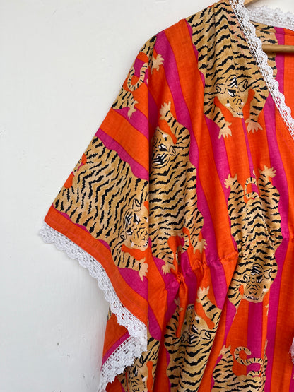 Tiger Print Cotton Kaftan Dress | Boho Beach Cover Up | Resort Wear