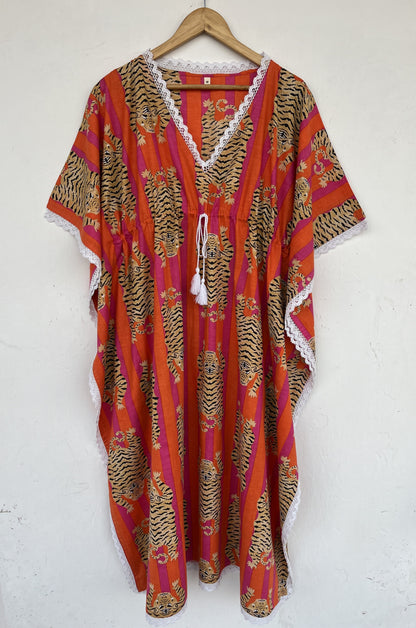 Tiger Print Cotton Kaftan Dress | Boho Beach Cover Up | Resort Wear